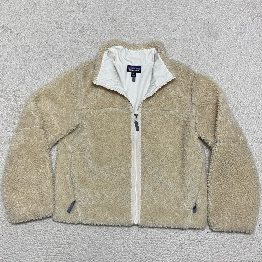 Patagonia Women's Lunar Dusk Fleece Jacket Sherpa Oatmeal Tan Size M EUC